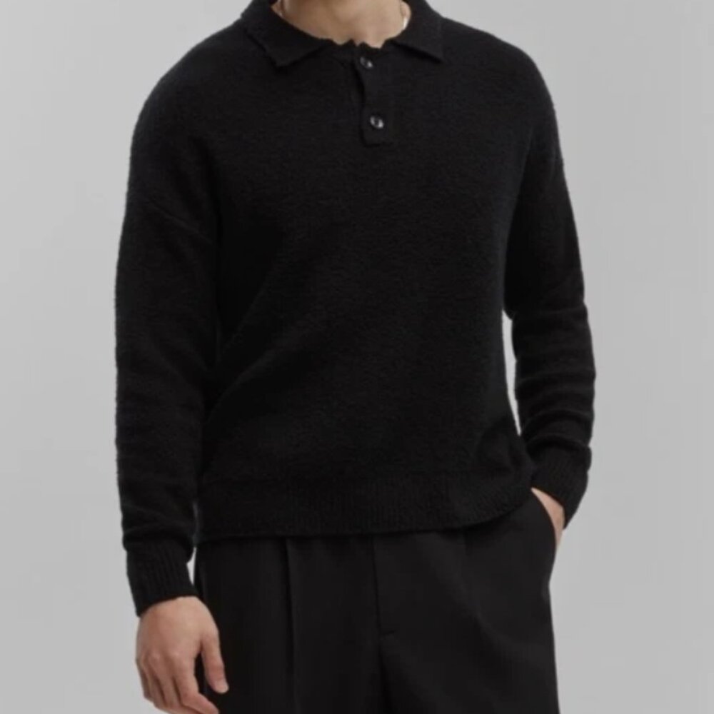 Mode of One Mens Long Sleeve Polo Sweater in Deep Black Size M